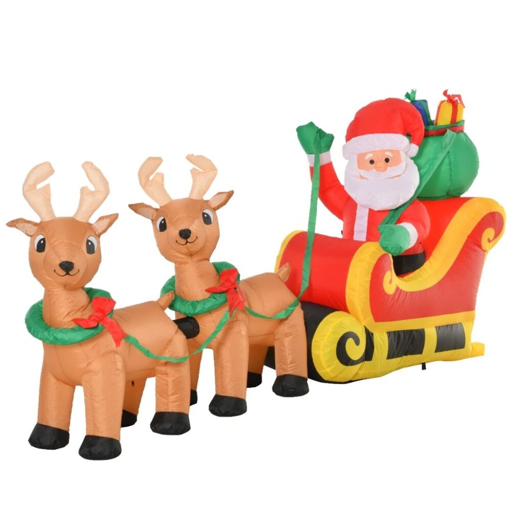 8ft Long Christmas Inflatable Santa Claus Sleigh and Reindeer